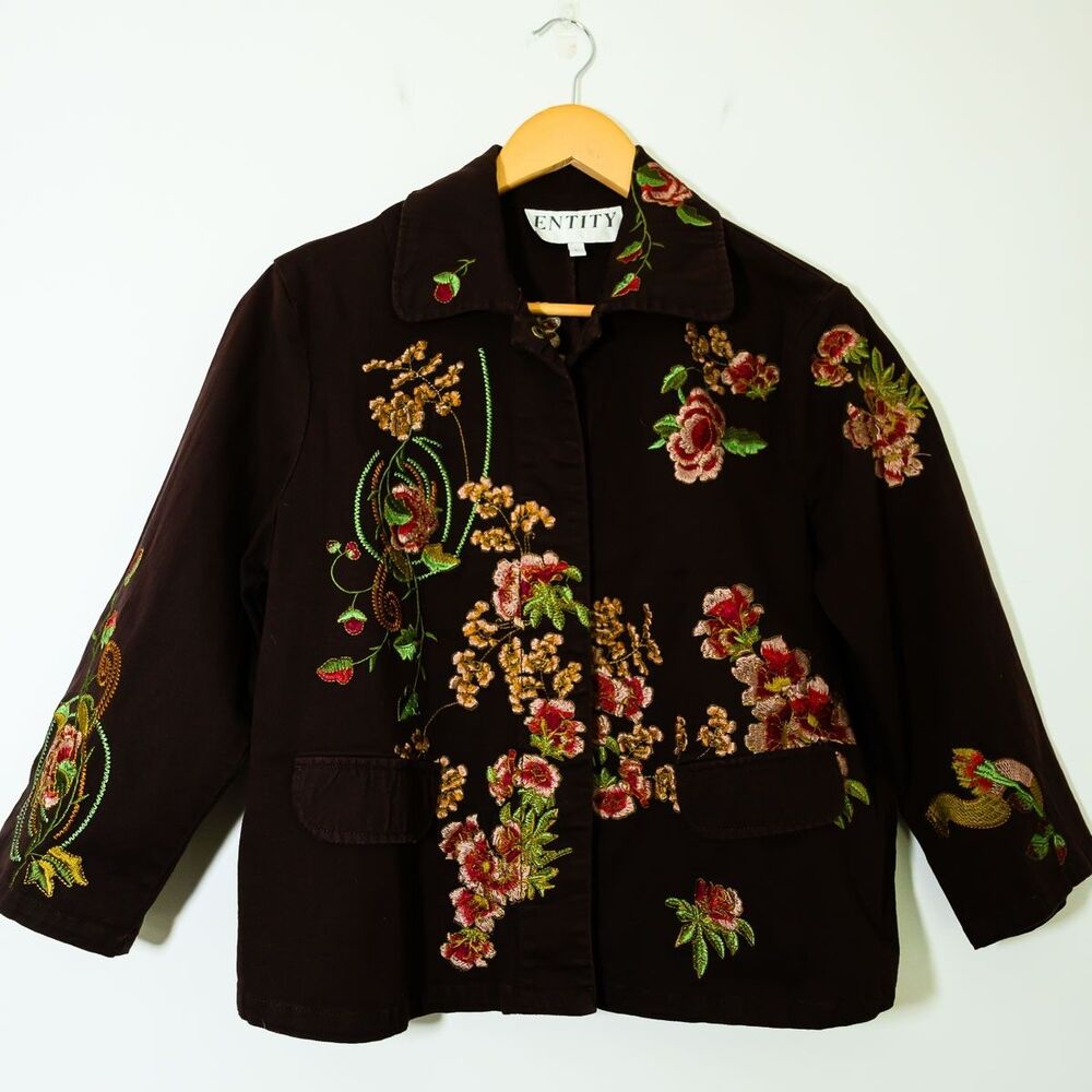 Entity Jacket L Brown Floral Embroidered 3/4 sleeve Artsy Boho Vintage